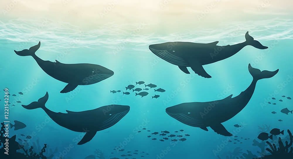 Obraz premium Majestic dark blue whales swimming gracefully in sunlit ocean depths with small fish schools and coral reefs, concept for marine life conservation, underwater exploration and nature documentary