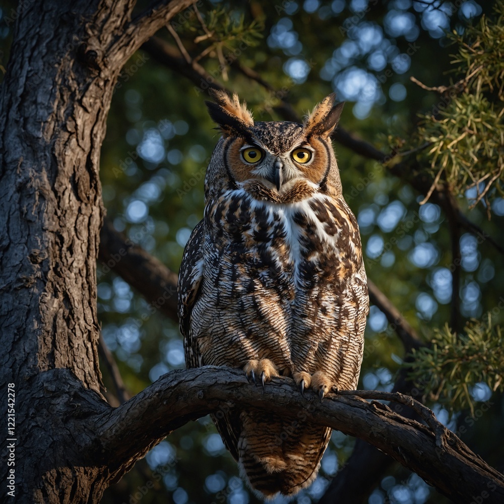 South American Great Horned Owl Bubo virginia owl on a branch A wise owl perched under the glow of a full moon in a dense forest. owl perched in the forest trees South American Great Horned Owl Bubo virginia owl on a branch A wise owl perched under the glow of a full moon in a dense forest. owl perched in the forest trees