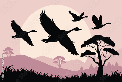 Silhouettes of Geese Soaring Above a Peaceful Landscape