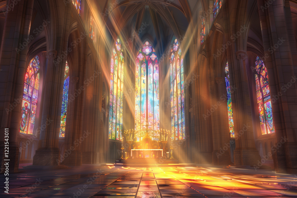 Obraz premium Stunning Church Interior with Illuminated Stained Glass Windows and Radiant Light Beams, Serene Atmosphere and Architectural Detail