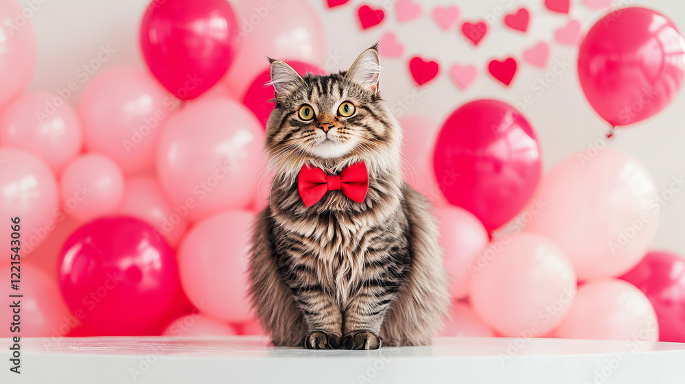Fluffy Cat Wearing a Red Bowtie Sitting Amidst Pink Balloons and Heart Decorations. Concept of Festive Pet, Celebration, Valentine's Day Decor, and Animal Fashion.. Valentine's Day Fluffy Cat Wearing a Red Bowtie Sitting Amidst Pink Balloons and Heart Decorations. Concept of Festive Pet, Celebration, Valentine's Day Decor, and Animal Fashion.. Valentine's Day