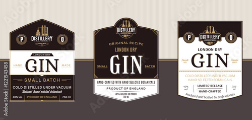 Vector gin black and white vintage labels and packaging design templates. Distilling industry branding and identity design elements