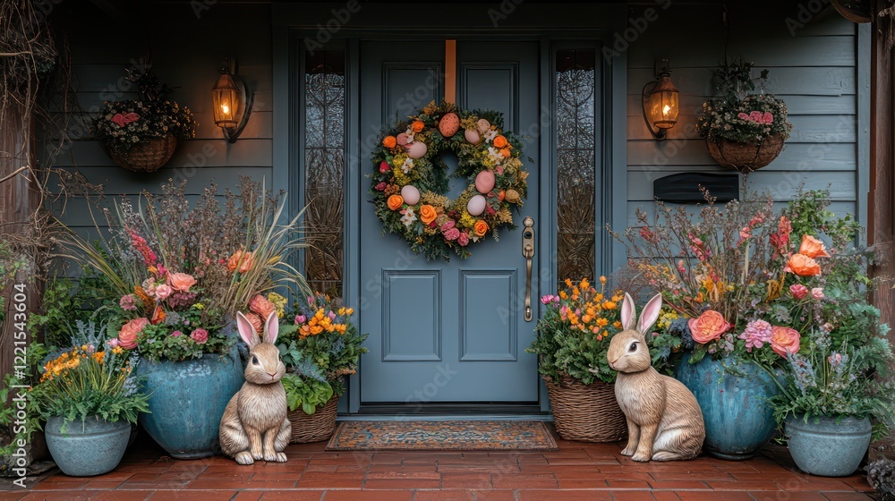 Fototapeta premium A traditional Easter entryway with a bunny-shaped wreath, floral arrangements, and a welcoming 'Easter 2025' banner at the door