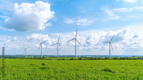 Wind turbines in a green field under a blue sky.  Renewable energy landscape for sustainable power photo