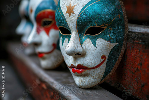 Mysterious Venetian Carnival Masks: A Glimpse into History and Culture. Discover the artistry and symbolism of these antique, handcrafted masks, a captivating blend of tradition and elegance. photo