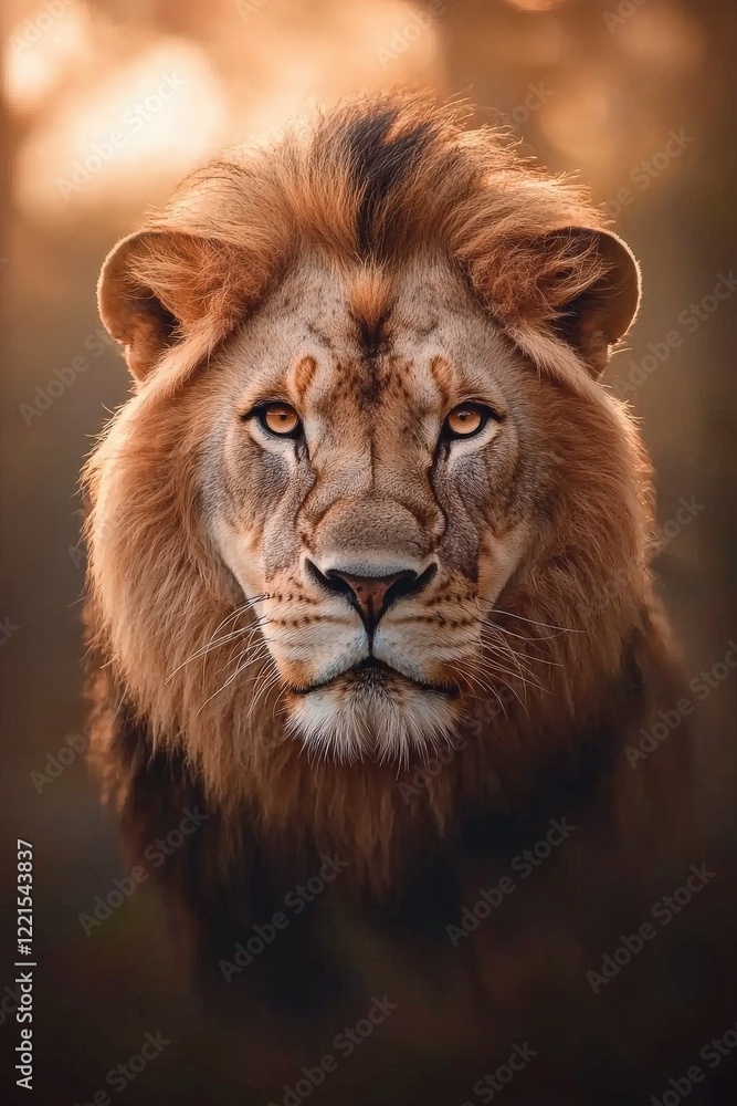 Obraz premium A majestic lion staring directly at the camera, its golden mane glowing in the sunlight