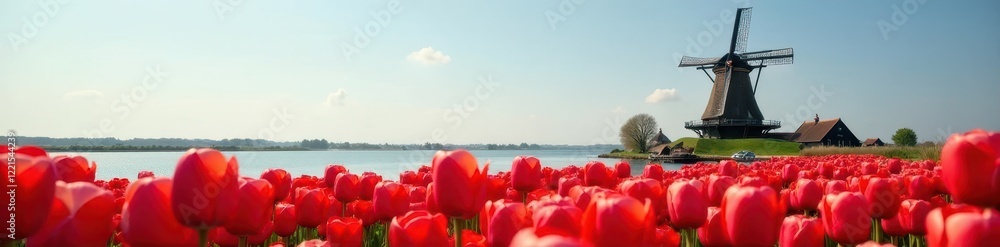 Classic Dutch windmill overlooking a sea of red tulips , countryside, spring Classic Dutch windmill overlooking a sea of red tulips , countryside, spring