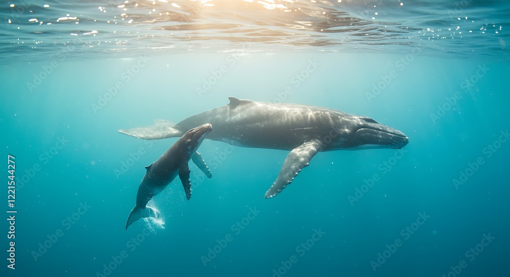 Fototapeta premium Majestic adult humpback whale swimming with her baby calf in clear sunlit blue ocean water, concept for marine biology, wildlife documentaries and ocean conservation