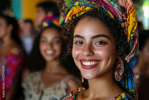 Stunning Brazilian Woman in Vibrant Headscarf, Portrait Photography, Cultural Diversity, Happy Smile, Close-up, Colorful Fashion