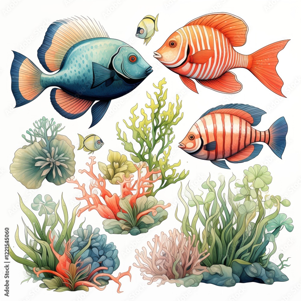Naklejka premium Vibrant watercolor illustrations of marine life featuring colorful fish and coral reefs
