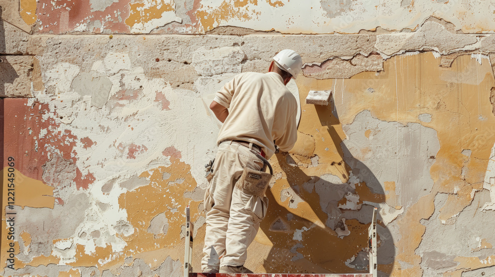 Fototapeta premium Removing old paint from wall, construction worker prepares for renovation