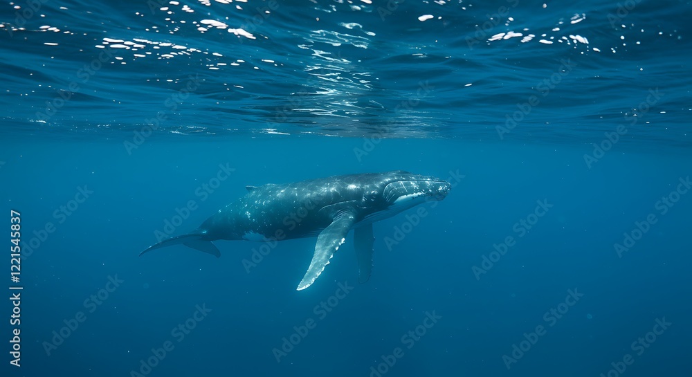 Fototapeta premium Majestic enormous humpback whale gracefully swimming in deep clear blue ocean water with sunlight reflecting, concept for marine life conservation, underwater exploration and environmental awareness.