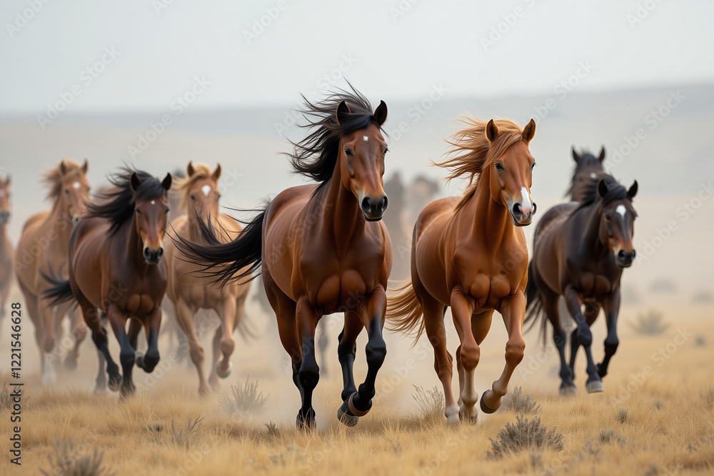 Herd of wild horses running across open plain Herd of wild horses running across open plain