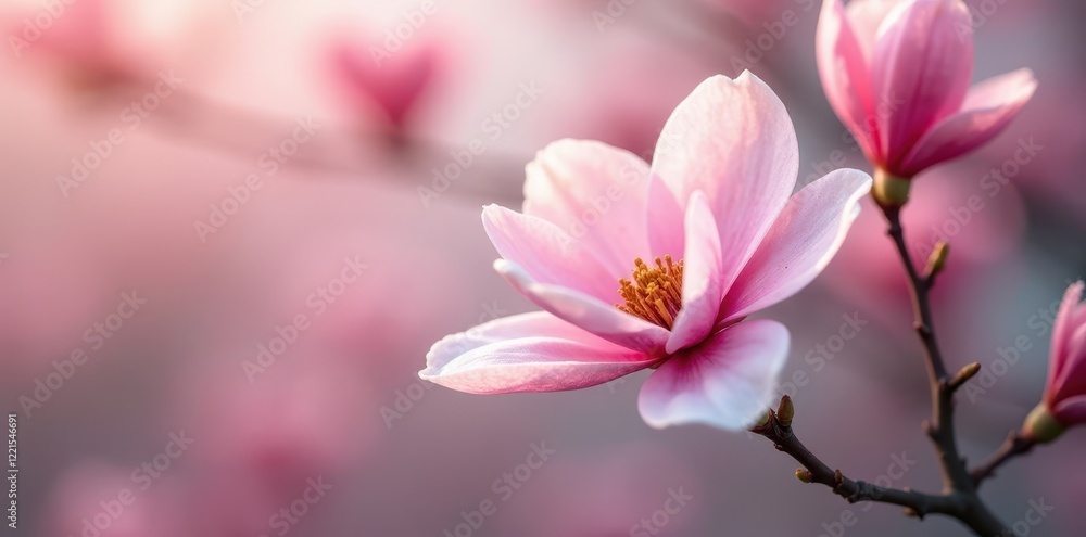 Delicate pink magnolia blossoms on a branch, soft spring light , peaceful, bloom Delicate pink magnolia blossoms on a branch, soft spring light , peaceful, bloom