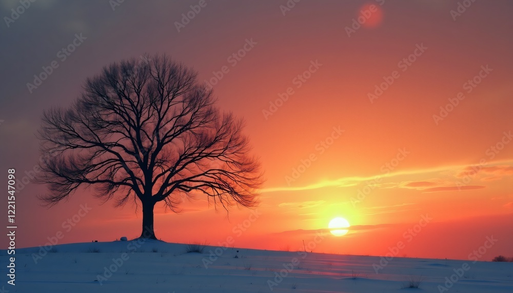 Lone tree in snowy field at sunset with vibrant orange sky. Lone tree in snowy field at sunset with vibrant orange sky.