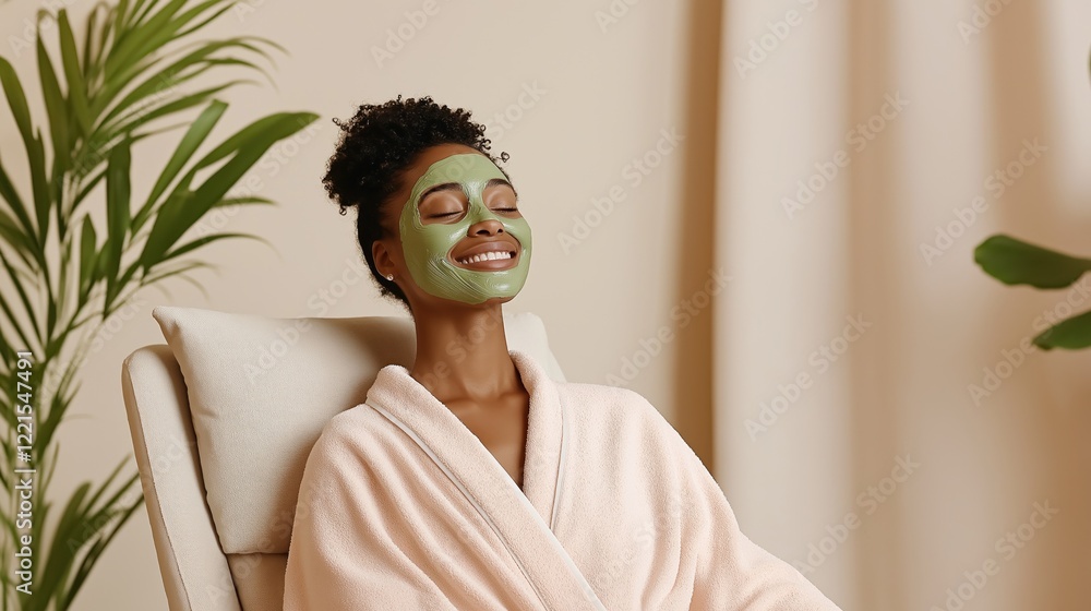 A relaxed Black woman in her 50s sits comfortably in a minimalist spa chair wearing a soft robe and a green clay mask smiling as she enjoys her tranquil spa experience A relaxed Black woman in her 50s sits comfortably in a minimalist spa chair wearing a soft robe and a green clay mask smiling as she enjoys her tranquil spa experience