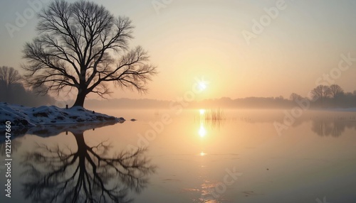 Tree reflected in calm lake during winter sunrise.