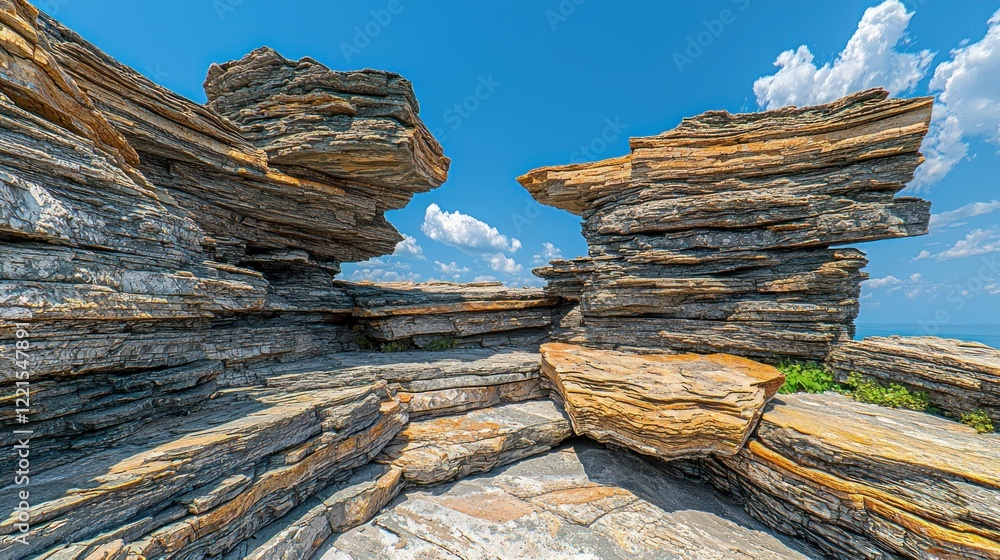 Coastal layered rock formations, sunny sky, ocean view, travel photography Coastal layered rock formations, sunny sky, ocean view, travel photography