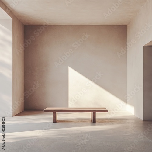 A simple yet elegant empty room featuring a single bench, with sunlight casting intricate shadows on its walls, creating a peaceful atmosphere.