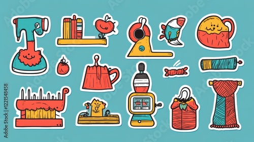 Colorful Stickers Illustrate Various Knitting And Crafting Tools photo