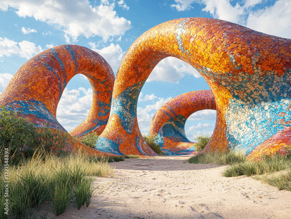 Fototapeta premium Floating metallic sculptures juxtaposed against vibrant, colorful skies create a surreal landscape that captivates the imagination