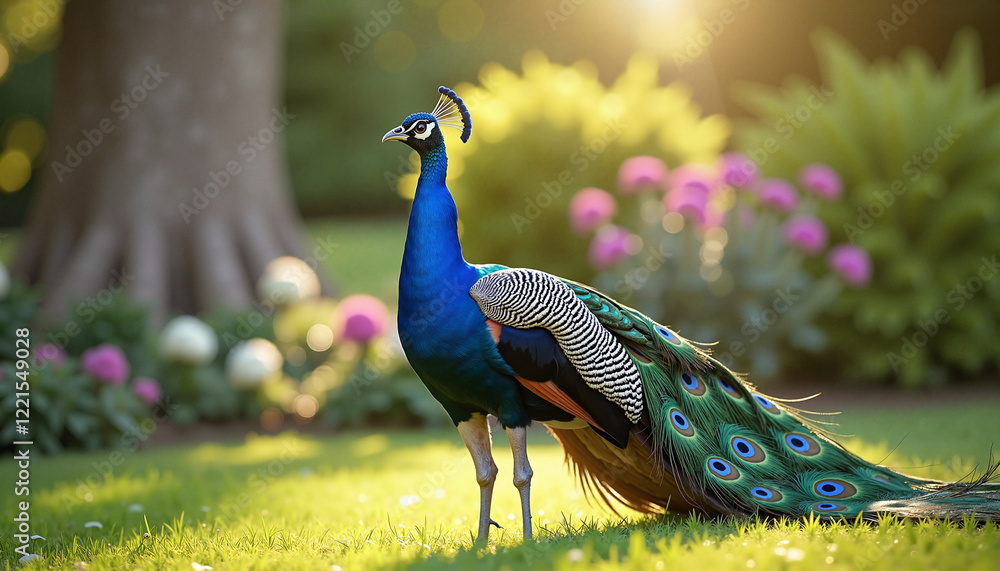 Obraz premium Majestic peacock standing proudly in a vibrant garden with sunlight and flowers
