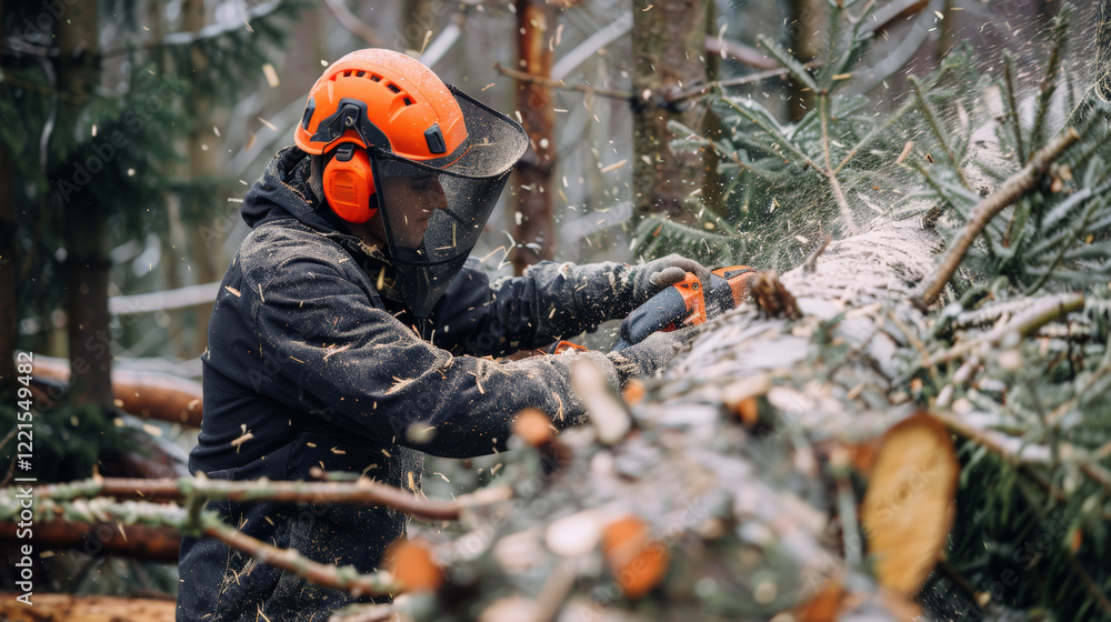 worker in protective gear cuts fallen tree with chainsaw in forest worker in protective gear cuts fallen tree with chainsaw in forest