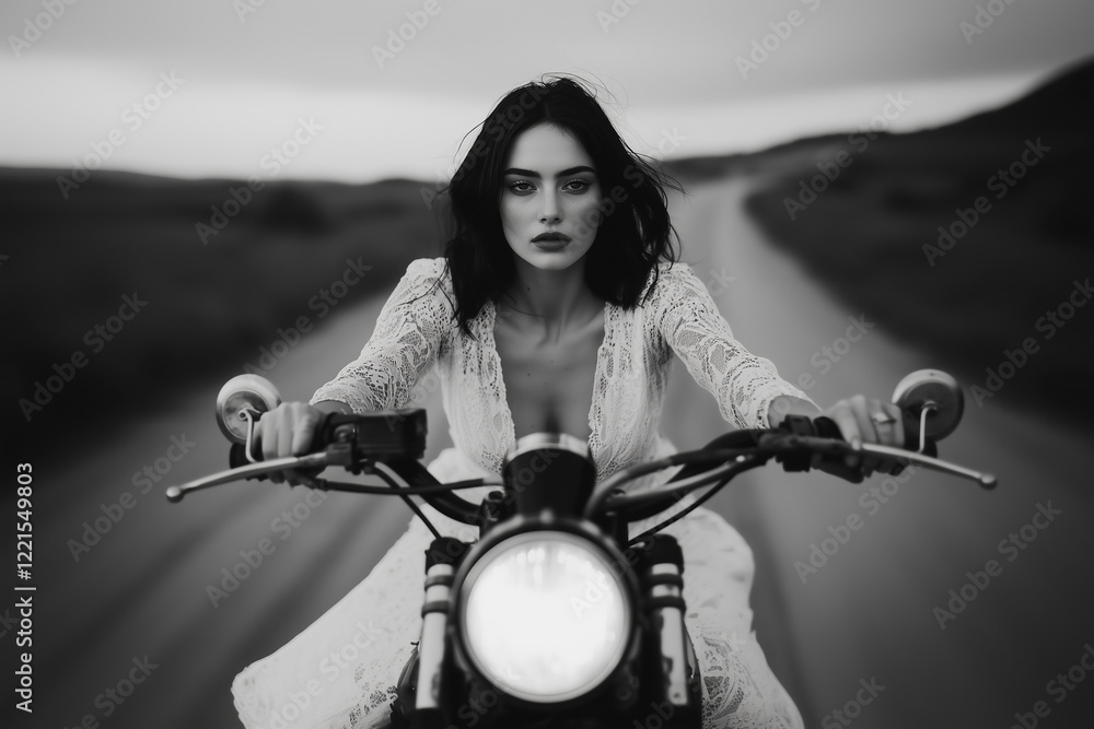 Obraz premium A woman in a white dress riding a motorcycle down a road. Black and white photography. A captivating image that exudes strength, grace, and independence.