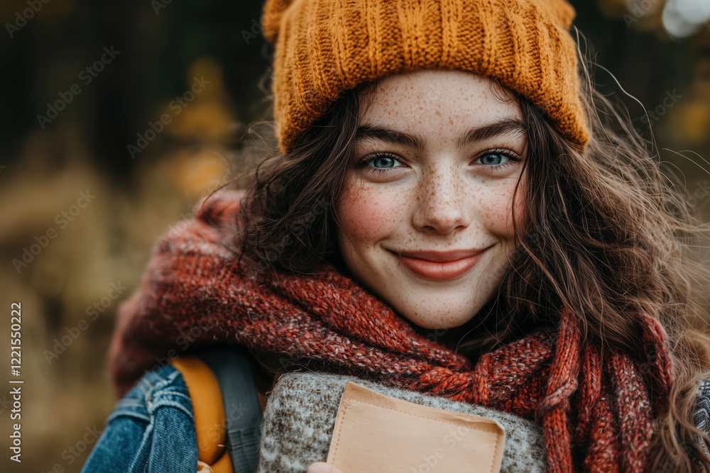 A Freckled Girl's Autumn Adventure: Smiling Portrait of a Happy Woman Exploring Nature A Freckled Girl's Autumn Adventure: Smiling Portrait of a Happy Woman Exploring Nature