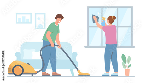 Male and female characters doing housework and cleaning home. Man with vacuum cleaner and woman washing window. Young family routine. Vector illustration on white background.