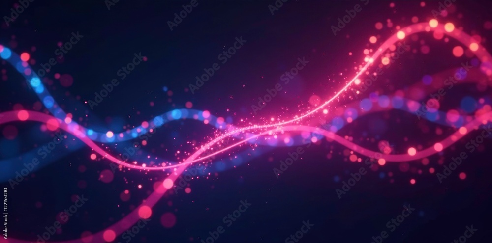 Fototapeta premium glowing neon threads suspended in mid-air amidst a dark background, glowing string, optical fiber
