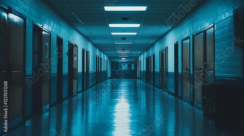 Mysterious School Hallway  A Long  Dark Corridor with Doors