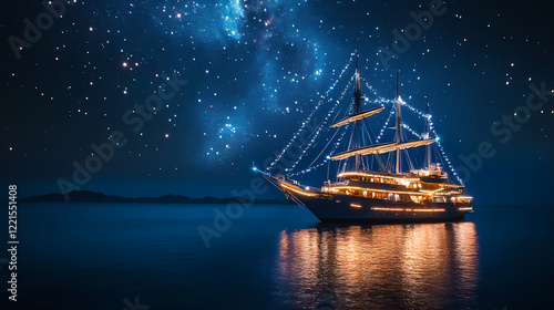 Majestic sailing ship adorned with glowing lights on tranquil ocean under starry night sky; captivating seascape art photography. Heavenly Harbor. Illustration photo