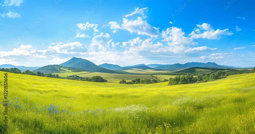 A bright, sunny day with a blue sky and white clouds, a green meadow full of wildflowers in the foreground, rolling hills in the background, and mountains under a clear sun on the horizon. A bright, sunny day with a blue sky and white clouds, a green meadow full of wildflowers in the foreground, rolling hills in the background, and mountains under a clear sun on the horizon.