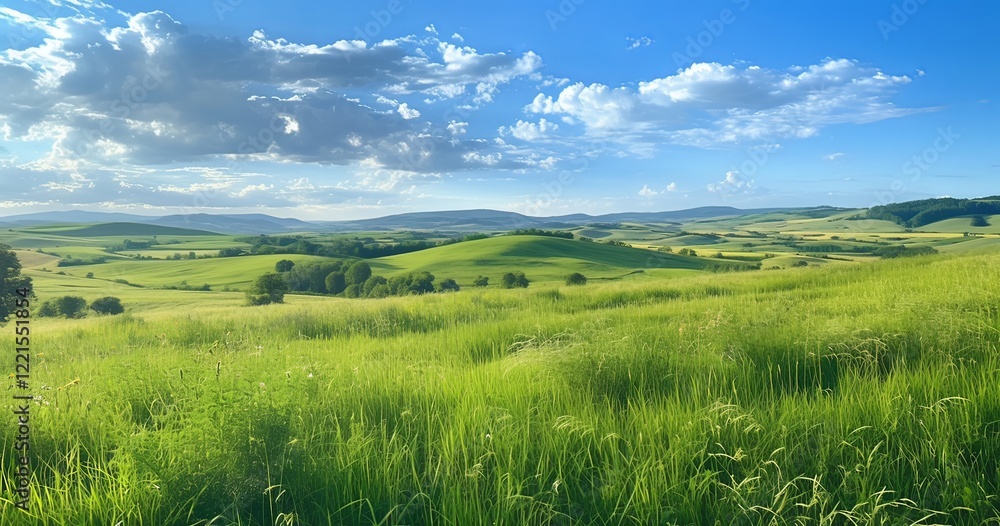 A bright, sunny day with a blue sky and white clouds, a green meadow full of wildflowers in the foreground, rolling hills in the background, and mountains under a clear sun on the horizon. A bright, sunny day with a blue sky and white clouds, a green meadow full of wildflowers in the foreground, rolling hills in the background, and mountains under a clear sun on the horizon.