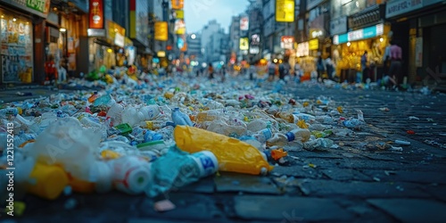 A street littered with trash, adjacent to towering high-rise buildings photo