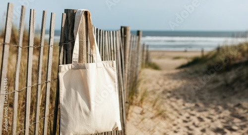 A canvas tote bag hanging on a wooden fence by the beach