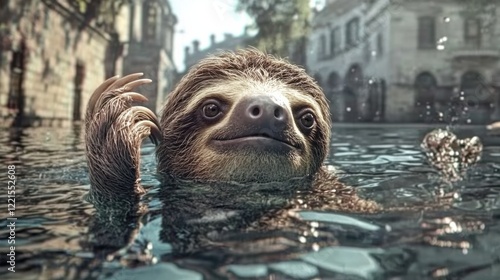 This delightful image showcases a sloth leisurely swimming in urban water, surrounded by lively scenery, radiating a sense of charm and whimsy in modern life. photo