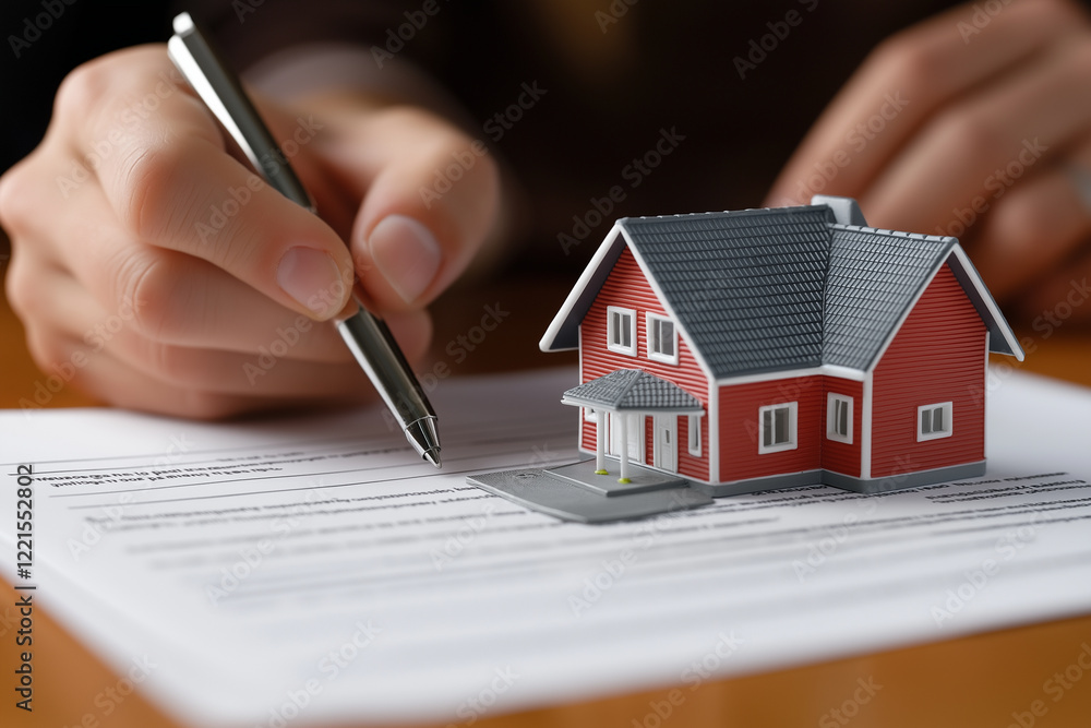 Fototapeta premium Real estate agent or realtor signing mortgage agreement for new home with couple of happy young clients. Concept of home loan and buying own property. Close up of miniature house