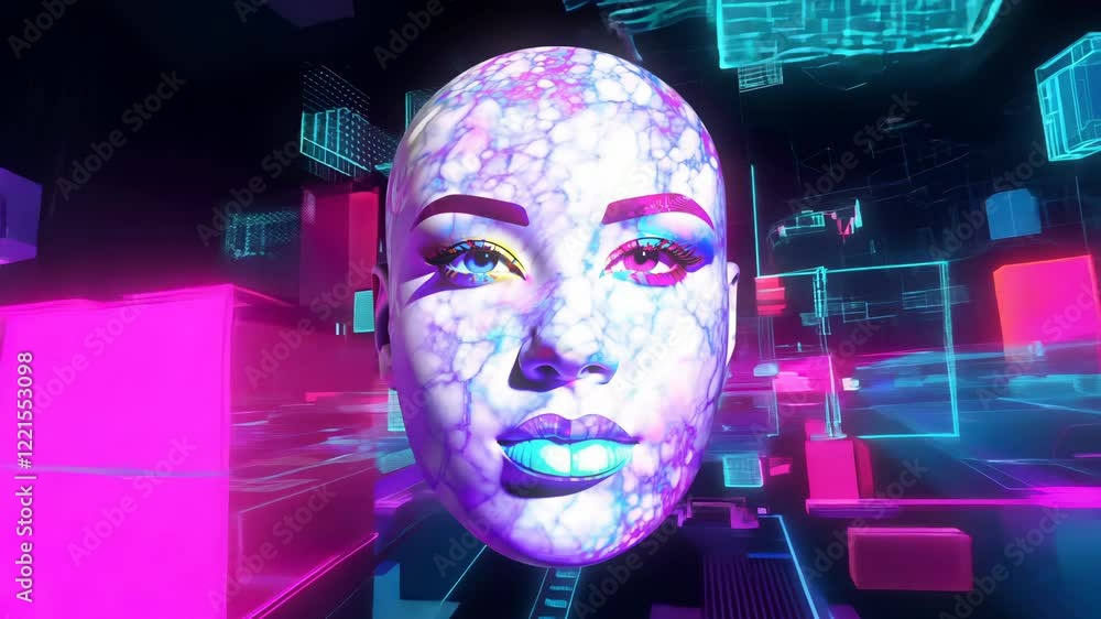 An incredibly vibrant digital face embellished with stunning neon effects set within a hightech virtual environment An incredibly vibrant digital face embellished with stunning neon effects set within a hightech virtual environment