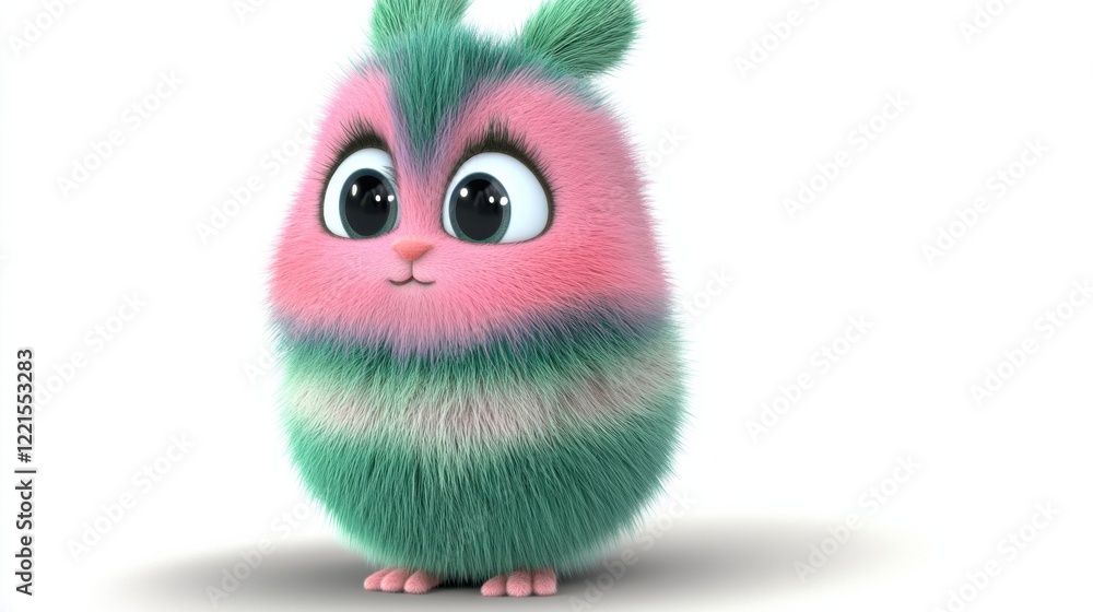 Fototapeta premium A whimsical, adorable furry creature with bright eyes and an endearing expression stands out, evoking feelings of joy, innocence, and playfulness in a colorful design.
