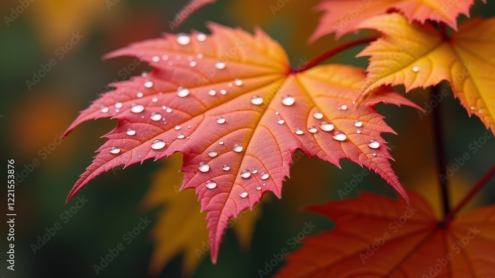 Macro photography of autumn leaf with dew drops in sunlight Macro photography of autumn leaf with dew drops in sunlight