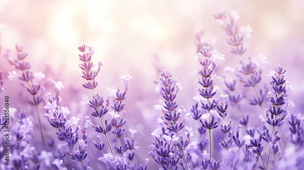 Obraz premium The image features vast lavender fields under the gentle glow of sunrise, enveloped in light purple and pink hues, evoking tranquility and the beauty of nature's calm.