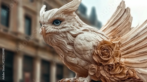 A striking sculpture of an owl, incorporating decorative floral elements, captures the essence of nature's beauty and art through a masterful blend of creativity and realism. photo