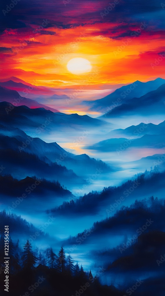 Fototapeta premium Vibrant Sunset Over Layered Mountains Showcasing Dramatic Colors and Serene Landscapes at Twilight in a Tranquil Setting