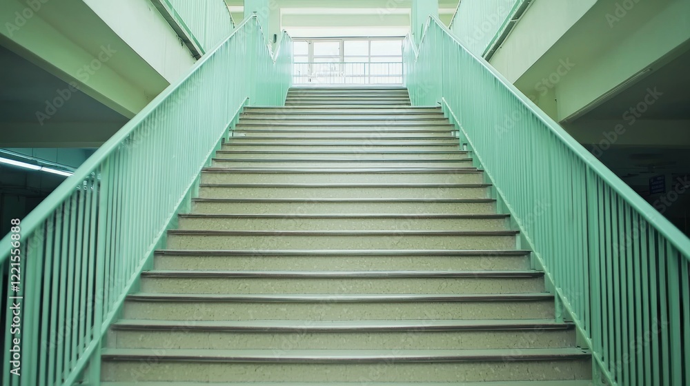Green stairs ascend to bright hallway window Green stairs ascend to bright hallway window
