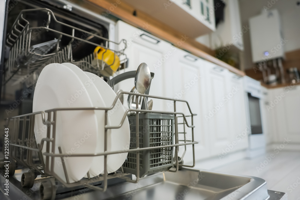 Fototapeta premium Open dishwasher door with clean dishes inside against a classic kitchen in white and wood. High quality photo