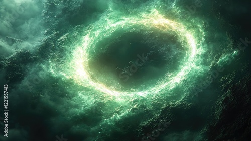 A vibrant spiral shape glows brightly amidst a dark, starry night sky
