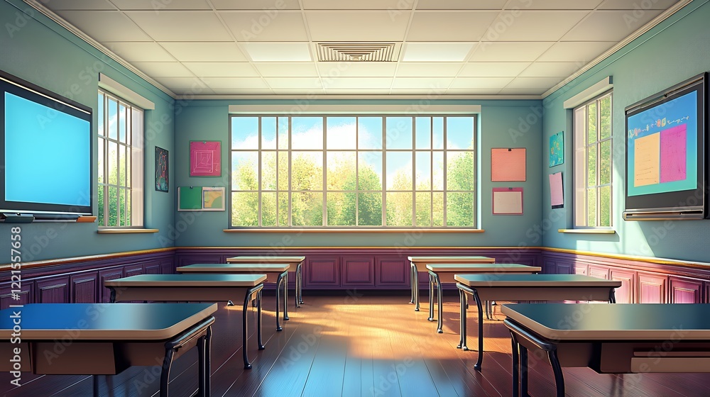 Bright and Spacious Classroom Set up for Learning With Large Windows and Modern Technology in an Inviting Environment Bright and Spacious Classroom Set up for Learning With Large Windows and Modern Technology in an Inviting Environment