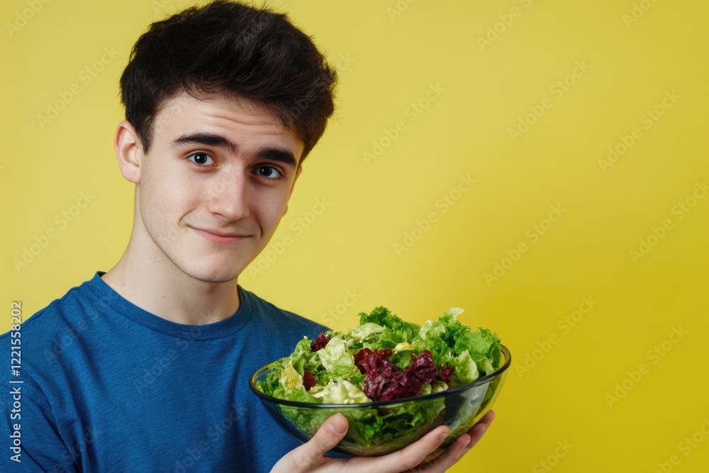 A young man holds a bowl of fresh green salad, ready to enjoy A young man holds a bowl of fresh green salad, ready to enjoy